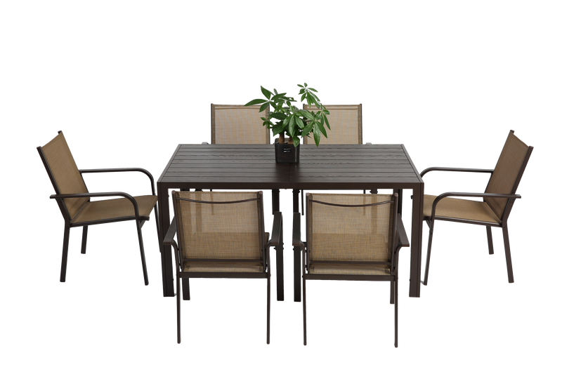 7 Pieces Patio Dining Set,  Outdoor Furniture Table and 6 Textilene Chairs, Outdoor Furniture with Rectangular Table and 6 Stackable Chairs Family Conversation Set for Garden Backyard Deck-Brown