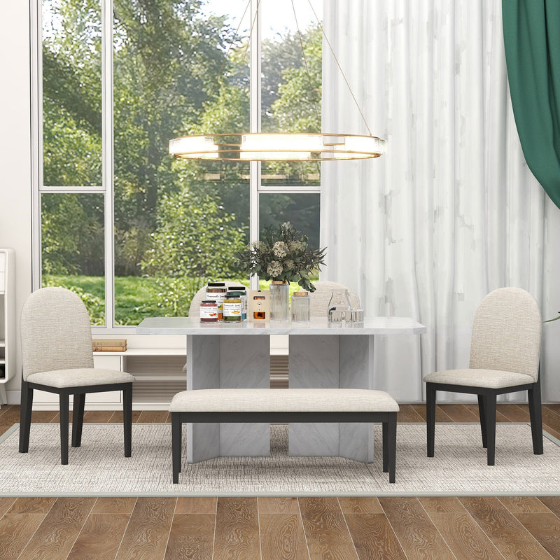 6-Piece Modern Style Dining Set with Faux Marble Table and 4 Upholstered Dining Chairs & 1 Bench (White)