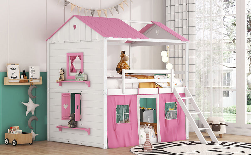 Full Size Bunk Wood House Bed with Elegant Windows, Sills and Tent, Pink+White