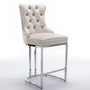 26" Counter Height Bar Stools Set of 2, Modern Velvet Barstools with Button Back&Rivet Trim Upholstered Kitchen Island Chairs with Sturdy Chromed Metal Base Legs Farmhouse Bar Stools, (Beige, 2 Pack)