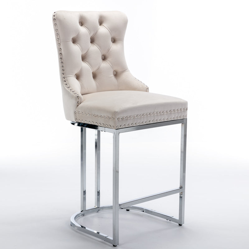 26" Counter Height Bar Stools Set of 2, Modern Velvet Barstools with Button Back&Rivet Trim Upholstered Kitchen Island Chairs with Sturdy Chromed Metal Base Legs Farmhouse Bar Stools, (Beige, 2 Pack)