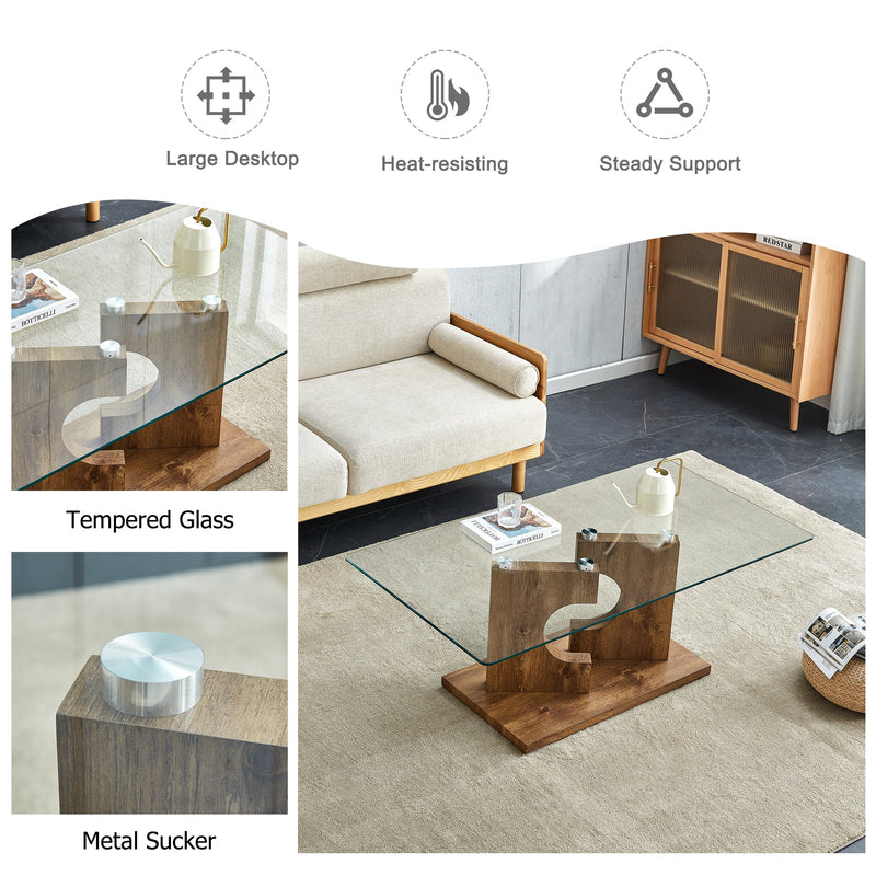 A rectangular modern and fashionable coffee table with tempered glass tabletop and wooden color MDF legs. Suitable for living room.47.2"x25.5"x18"