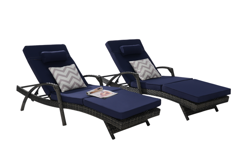Outdoor Wicker Long Reclining Chair Set of 2 with Cushions, Wicker Reclining Lounge Chair Lawn Sunbathing Chairs Recliner up to 150° Beach Poolside Garden