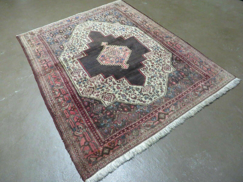 4' X 5' Antique Handmade India Floral Oriental Wool Rug Brown Vegetable Dyes