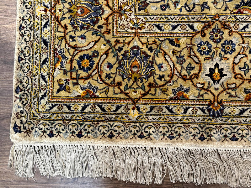 Rare Silk Persian Kashan Rug 4.6 x 7, Antique Fine 310 KPSI, Ivory