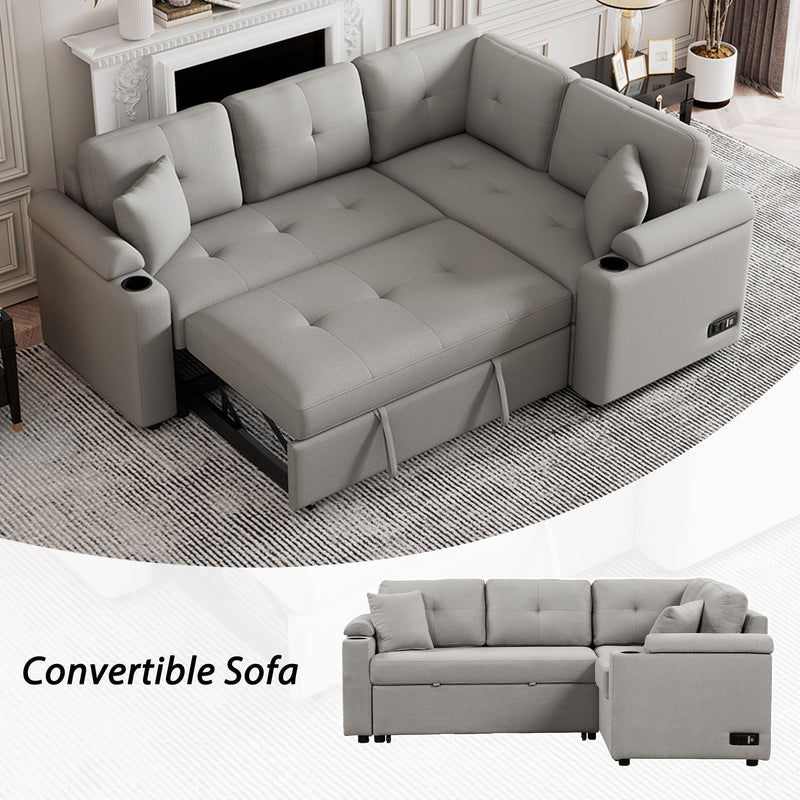 87.4" L-shape Sofa Bed Pull-out Sleeper Sofa with Wheels, USB Ports, Power Sockets for Living Room, Grey