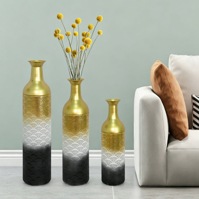 Decorative Metal Vases Set of 3, Leaf Pattern Floor Vases, photo 5 of 10