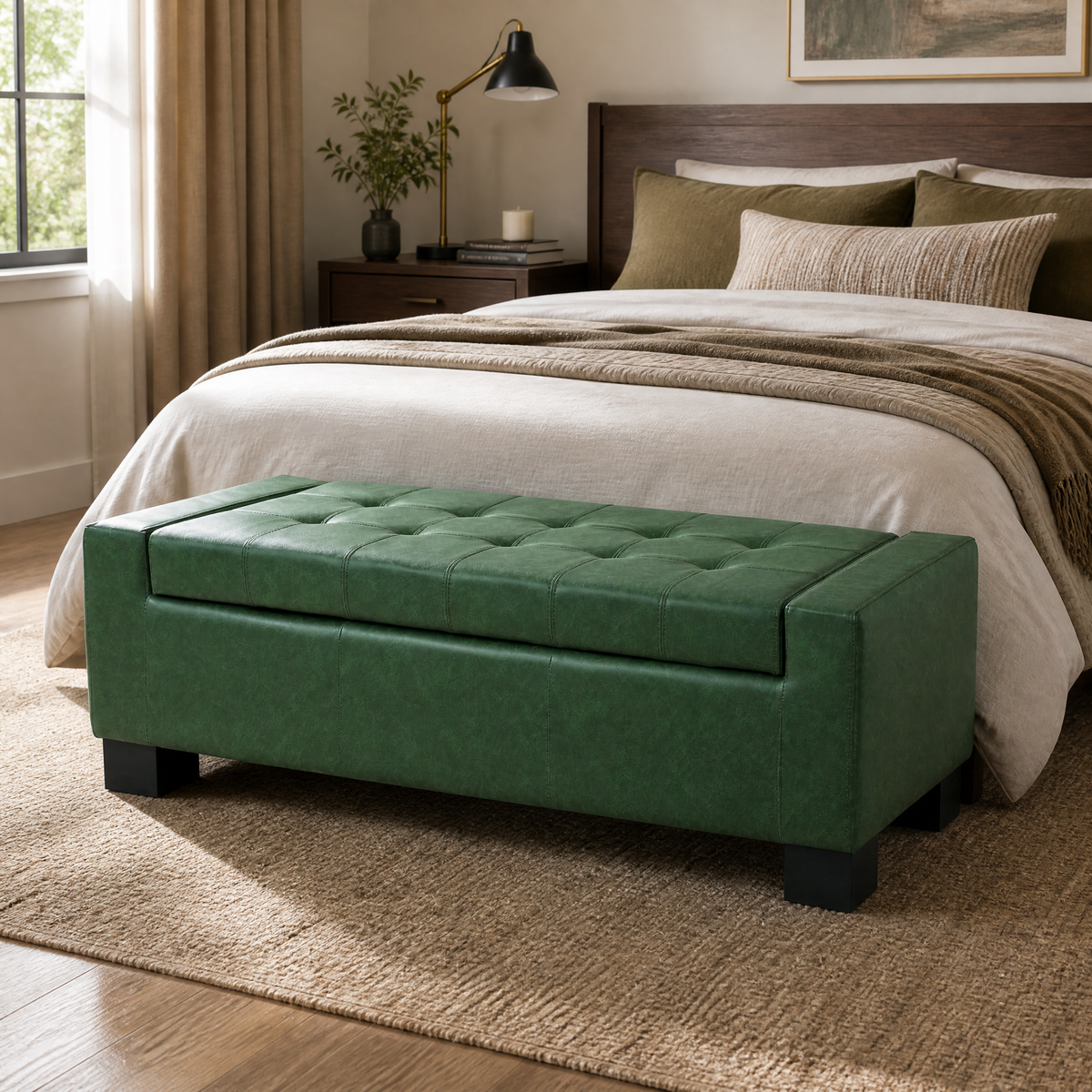 Green Storage Ottoman Bench, PU Upholstered Footrest with Solid Wood Legs, photo 3 of 10