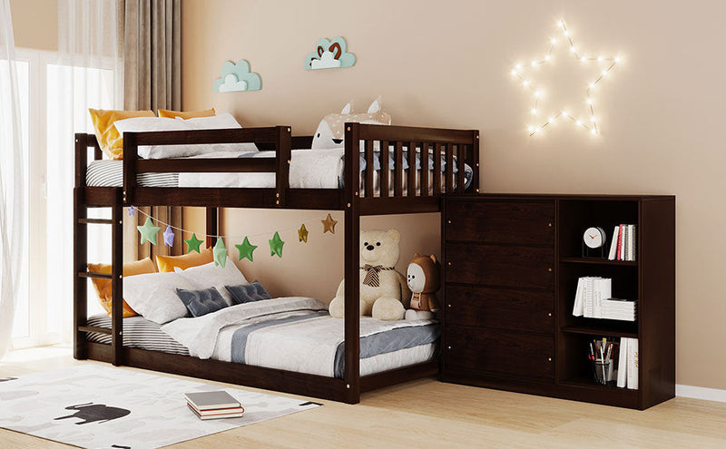 Twin over Twin Bunk Bed with 4 Drawers and 3 Shelves-Espresso