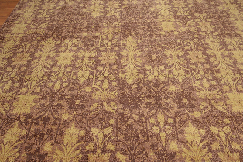 9' x 12' Hand Knotted Erased Pattern Botanical Wool Pile Area Rug Brown