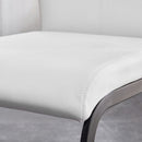 A table and four chairs. The table features a black imitation marble pattern tabletop and black gold MDF legs. The chair has a white PU backrest cushion and black metal legs. F-SQ