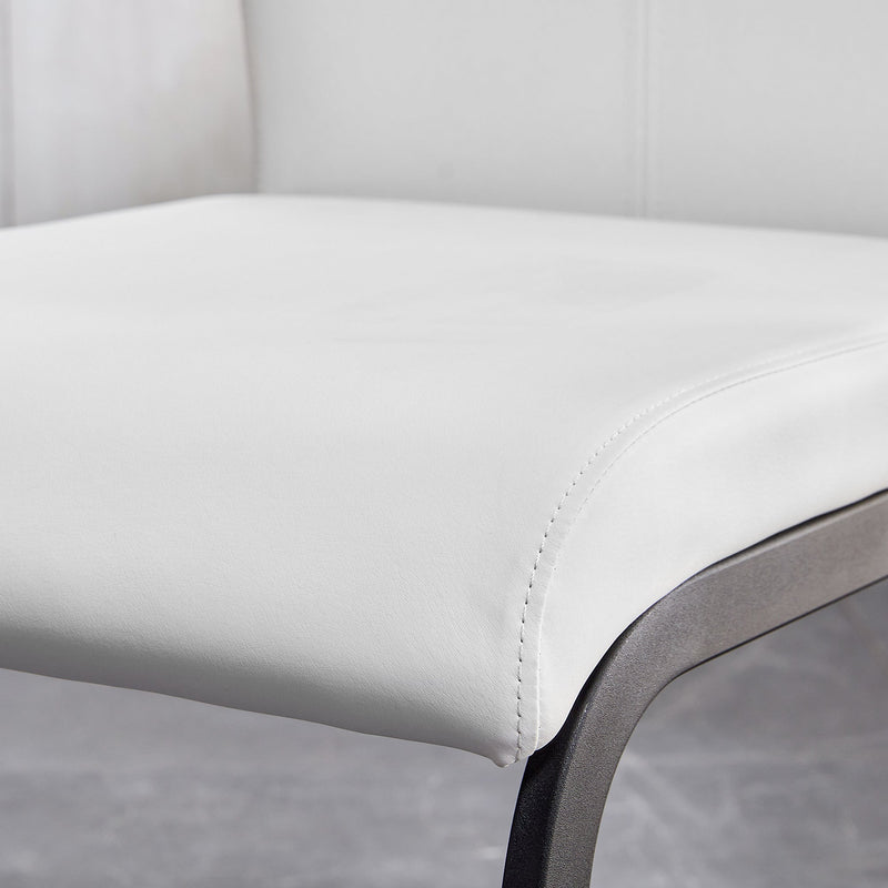 A table and four chairs. The table features a black imitation marble pattern tabletop and black gold MDF legs. The chair has a white PU backrest cushion and black metal legs. F-SQ