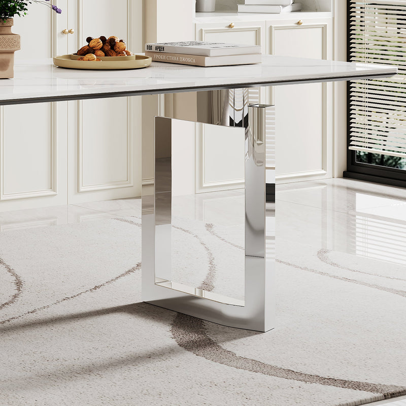 0.47" Thick Sintered Stone Composite Tempered Glass Top Rectangular Dining Table with Stainless Steel Base