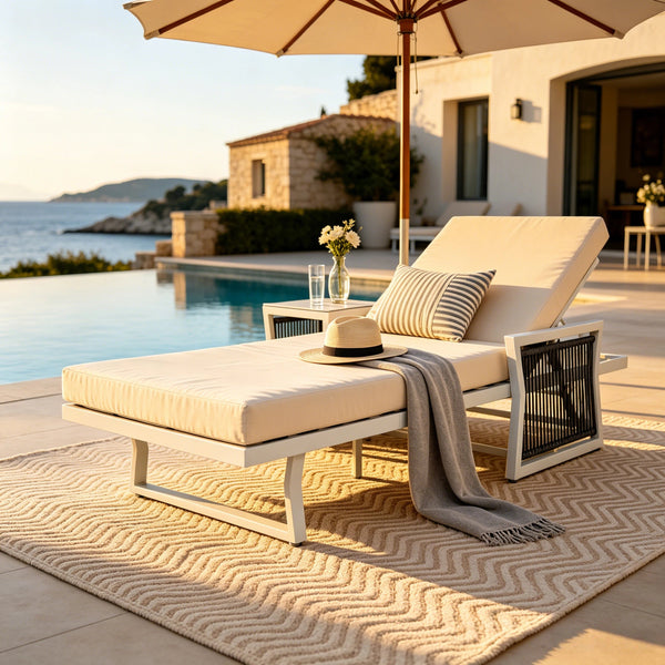 Modern White Iron Outdoor Chaise Lounger Set