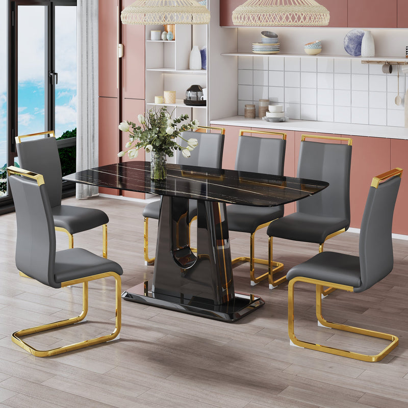 A modern, minimalist, and luxurious table. A black imitation marble tabletop with MDF U-shaped legs. Dining table, computer table. For restaurants and living rooms 63" x 35.4"x 30" F-U
