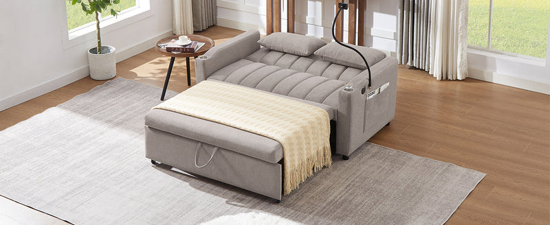 55.9" Convertible Sofa Bed Loveseat Sofa with Three USB Ports, Two Side Pockets, Two Cup Holders and 360Swivel Phone Holder for Living Room, Light Grey