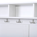 All in One Hall Tree with 3 Top Shelves and 2 Flip Shoe Storage Drawers, Wood Hallway Organizer with Storage Bench and Metal Hanging Hooks, White