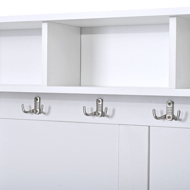 All in One Hall Tree with 3 Top Shelves and 2 Flip Shoe Storage Drawers, Wood Hallway Organizer with Storage Bench and Metal Hanging Hooks, White