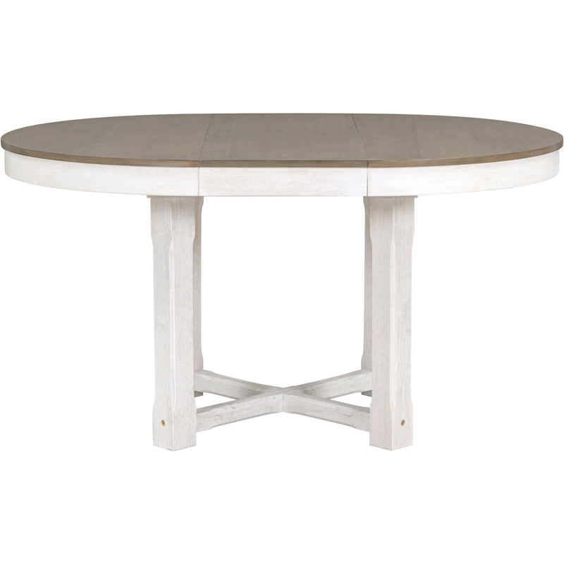 5-Piece Dining Table Set, Two-Size Round To Oval Extendable Butterfly Leaf Wood Dining Table and 4 Upholstered Dining Chairs with Armrests (Brown+White)