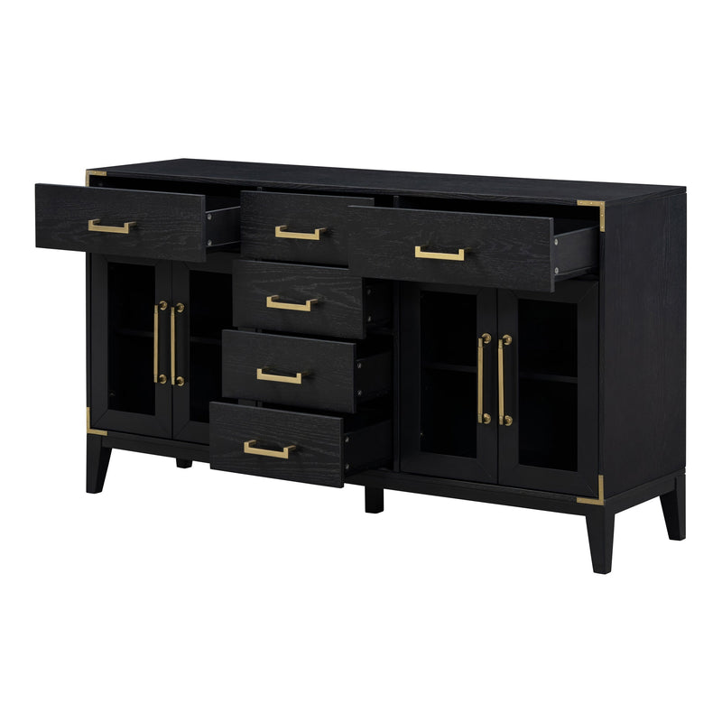 6-drawer and 2-Cabinet Retro Sideboard with Extra Large Storage Space, with Gold Handles and Solid Wood Legs, for Kitchen and Living Room (Black)