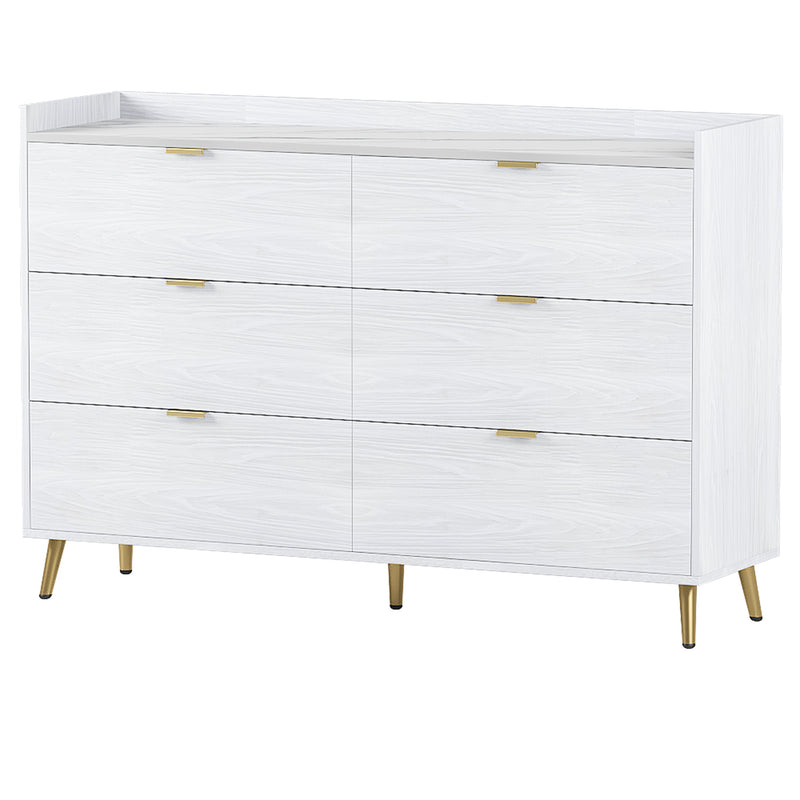 55" Long 6 Drawer Dresser with Marbling Worktop, Mordern Storage Cabinet with Metal Leg and Handle for Bedroom, White