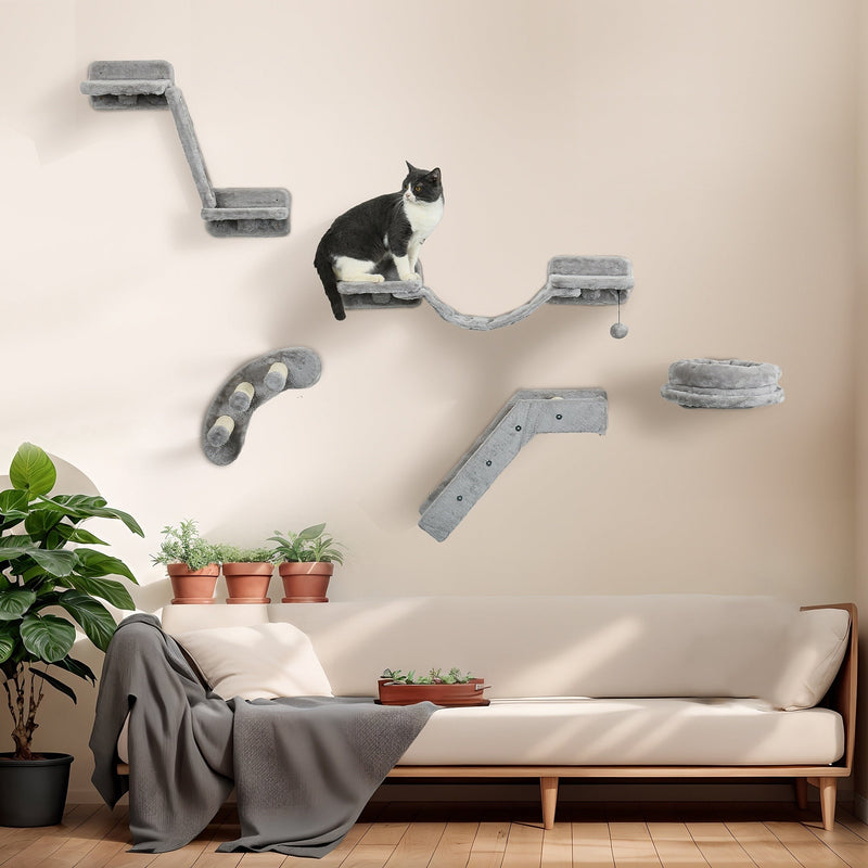 5PCs Cat Wall Shelves, Cat Wall Furniture with Steps, Perches, Ladders, Platforms, Wall Mounted Cat Furniture with Soft Plush, Sisal, for Indoor Cats, Gray