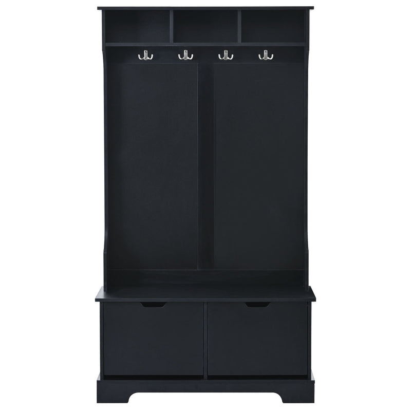 All in One Hall Tree with 3 Top Shelves and 2 Flip Shoe Storage Drawers, Wood Hallway Organizer with Storage Bench and Metal Hanging Hooks, Black