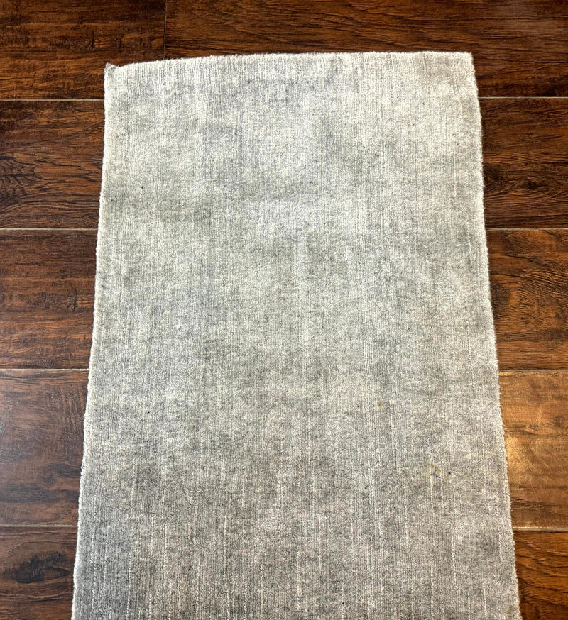 Modern Tibetan Runner Rug 1.9 x 8.6, Wool and Silk Highlights, Gray/Silver, Narrow Runner for Hallway or Kitchen