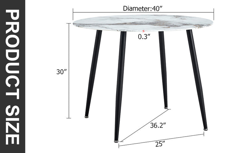 A modern minimalist circular dining table with a diameter of 40 inches, a 0.3 inch thick imitation marble pattern tabletop and black metal legs 40 'x 40' x 30 'DT-1164