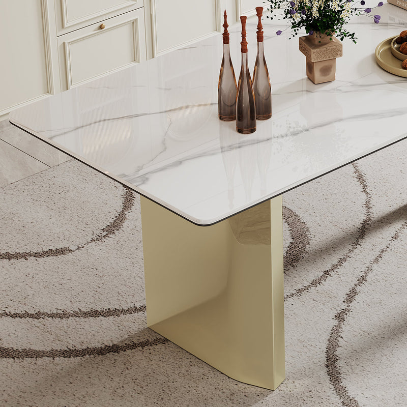 0.47" Thick Sintered Stone Composite Tempered Glass Top Rectangular Dining Table with Stainless Steel Base