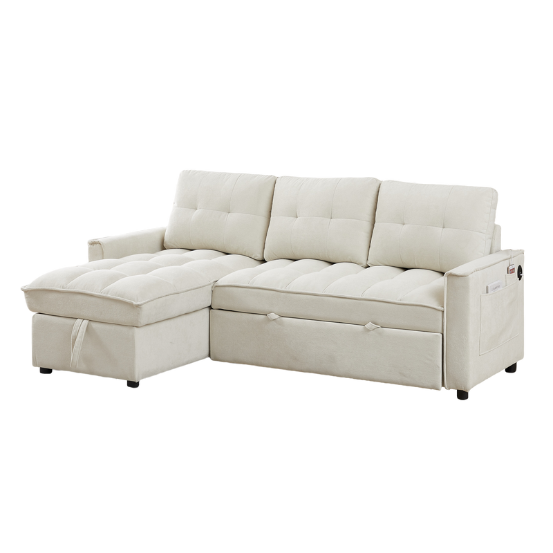 78.75" Reclining Sofa, Pull-Out Sofa Bed with USB and tape-c charging ports, L-Shaped Sectional Sofa with Reclining Storage and Arm Side Organizer Pocket Features, Living Room Comfort Sofa