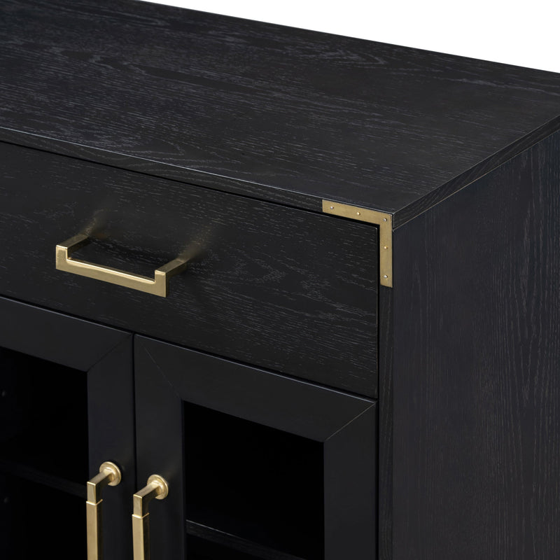 6-drawer and 2-Cabinet Retro Sideboard with Extra Large Storage Space, with Gold Handles and Solid Wood Legs, for Kitchen and Living Room (Black)