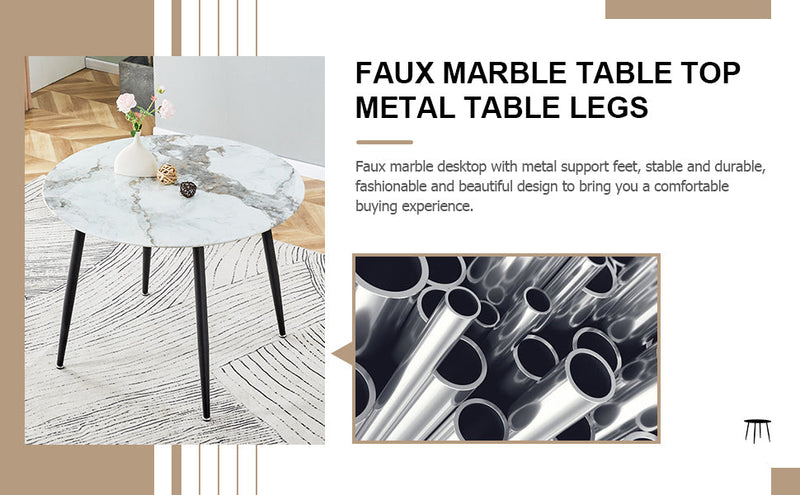 A modern minimalist circular dining table with a diameter of 40 inches, a 0.3 inch thick imitation marble pattern tabletop and black metal legs 40 'x 40' x 30 'DT-1164