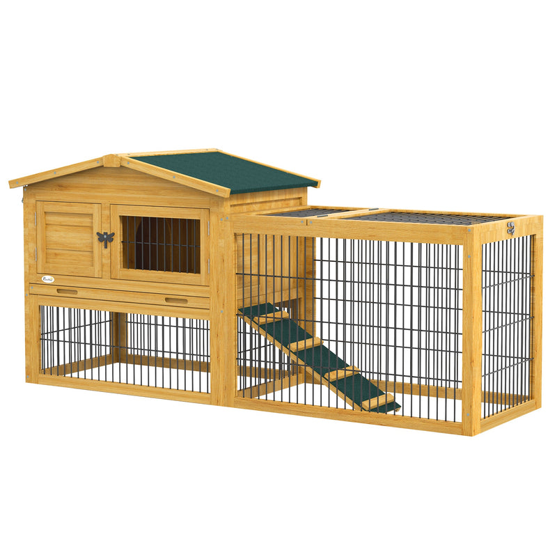 2 Levels Outdoor Rabbit Hutch with Openable Top, 59" Wooden Large Rabbit Cage with Run Weatherproof Roof, Removable Tray, Ramp, Yellow