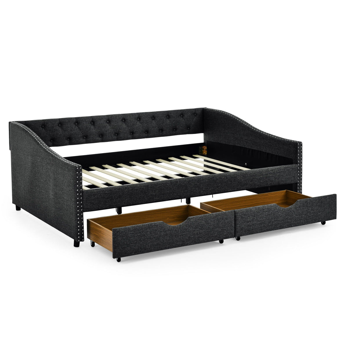 Upholstered Tufted Daybed With Drawers, Waved Arms, photo 5 of 27