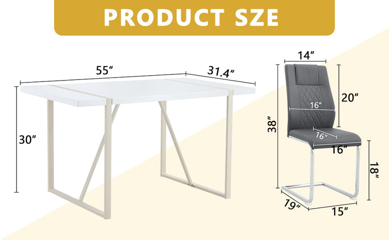 Table and chair set.55'x31.4' Cream-Style White MDF Dining Table Set with 6 Dark Gray Chairs With Silver Metal Legs.MDF Tabletop and metal frame legs.Adding a warm atmosphere to your family.