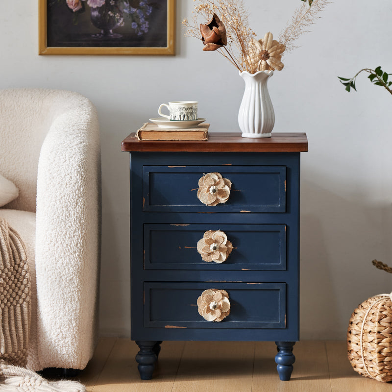 Vintage Farmhouse Nightstand with Floral Knobs, 3 Drawers, Antique Blue, photo 5 of 8
