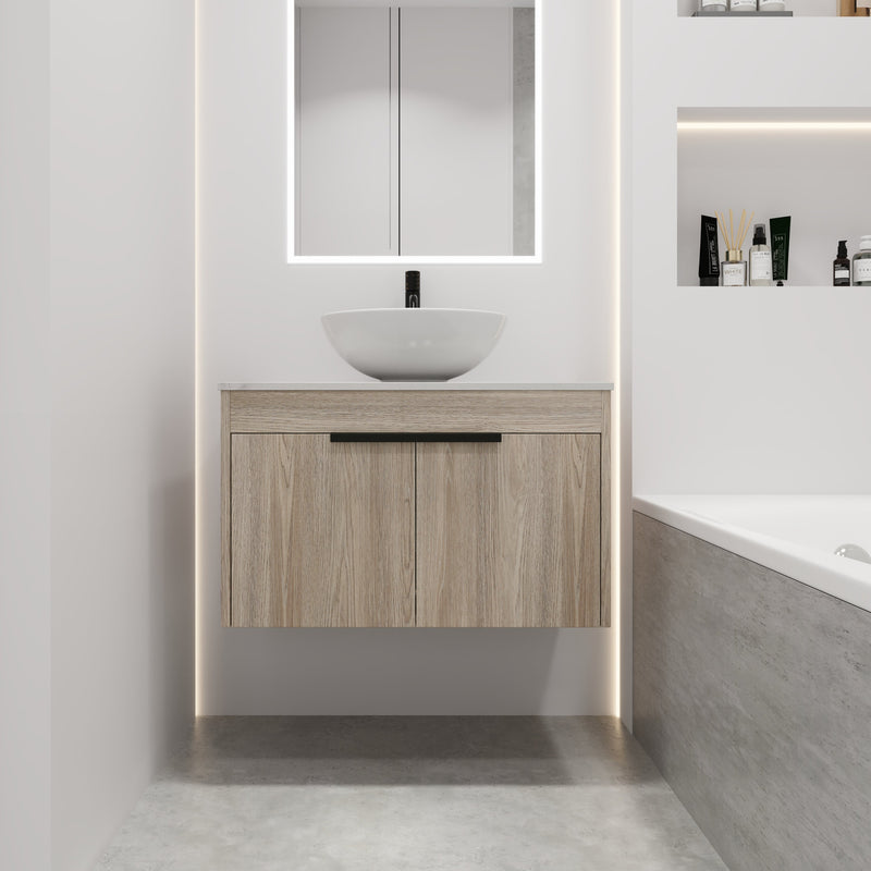 30" Modern Design Float Bathroom Vanity With Ceramic Basin Set, Wall Mounted White Oak Vanity With Soft Close Door, KD-PackingD-Packing Pieces