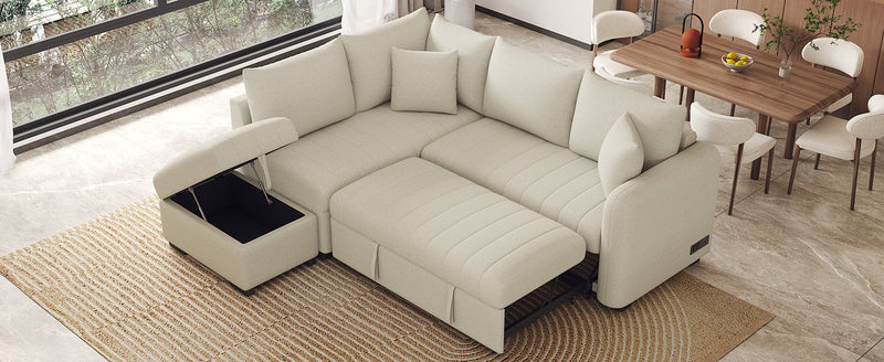 82.6" L-shaped Sectional Pull Out Sofa Bed Sleeper Sofa with Two USB Ports, Two Power Sockets and a Movable Storage Ottoman, Beige