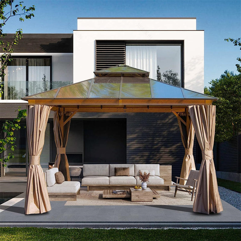 12'x12' Hardtop Gazebo, Permanent Outdoor Gazebo with Polycarbonate Double Roof, Aluminum Gazebo Pavilion with Curtain and Net for Garden, Patio, Lawns, Deck, Backyard(Wood-Looking)