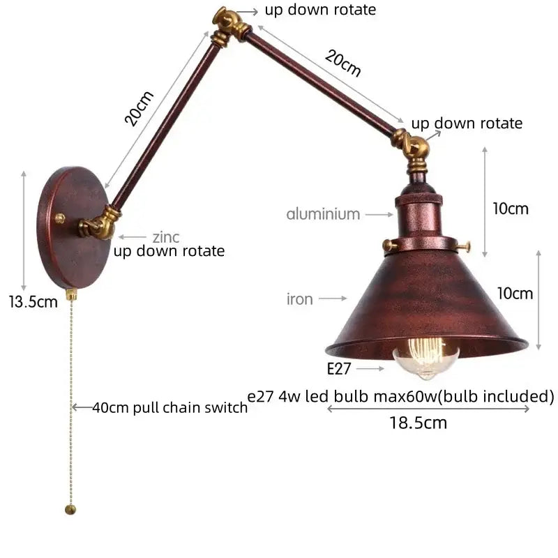 GobekUsa Gold Long Arm LED Wall Sconce with Pull Chain Switch, photo 12 of 21