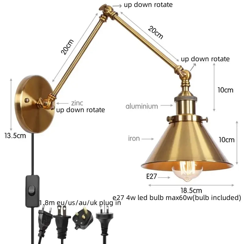 GobekUsa Gold Long Arm LED Wall Sconce with Pull Chain Switch, photo 7 of 21