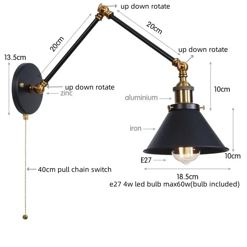 GobekUsa Gold Long Arm LED Wall Sconce with Pull Chain Switch, photo 16 of 21