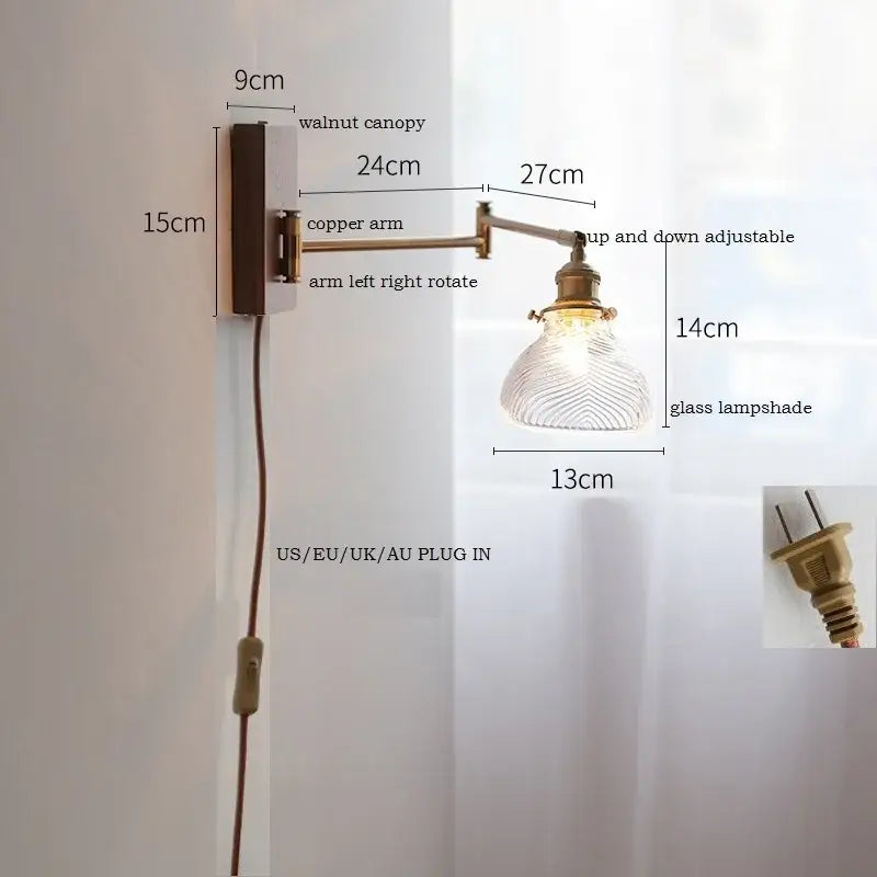 GobekUsa Copper Arm LED Wall Sconce Switch Light, Adjustable Lampshade, Pull Chain, Beside Lamp, photo 16 of 23