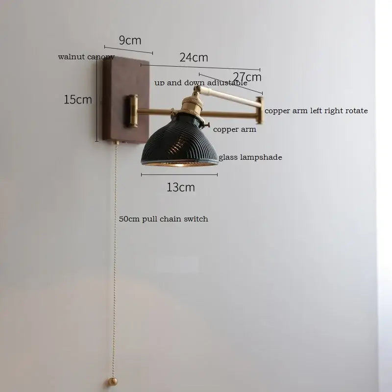 GobekUsa Copper Arm LED Wall Sconce Switch Light, Adjustable Lampshade, Pull Chain, Beside Lamp, photo 13 of 23