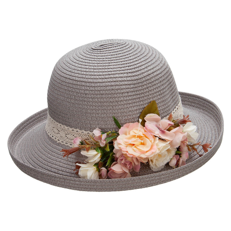 Women's Toyo Braid large sik flower accent Kettle Brim Hat