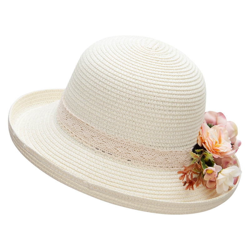 Women's Toyo Braid large sik flower accent Kettle Brim Hat