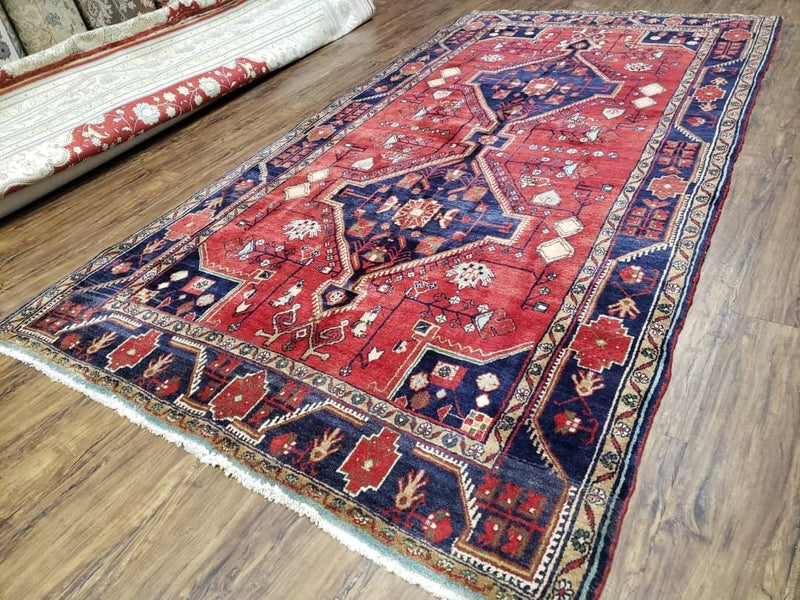 Antique Persian Zanjan Nahavand Heriz Rug, Red & Blue, Hand-Knotted, 5' x 9' 7"