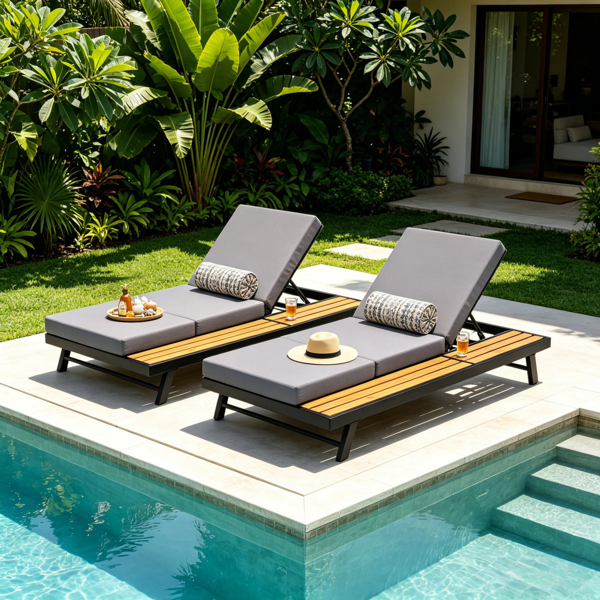 Black Iron + Teak Finish Chaise Lounge Set, photo 6 of 10