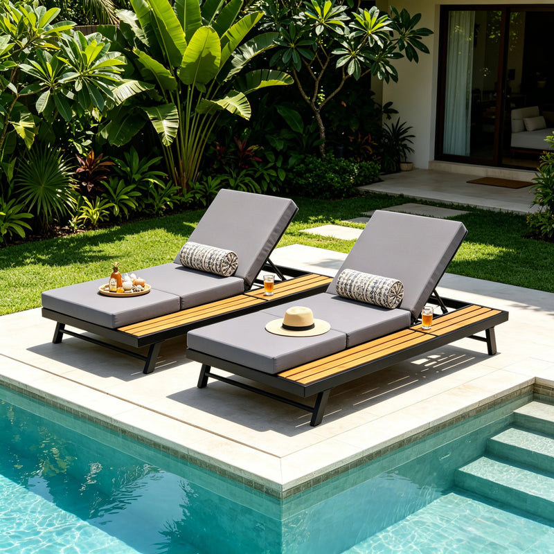 Black Iron + Teak Finish Chaise Lounge Set, photo 6 of 10